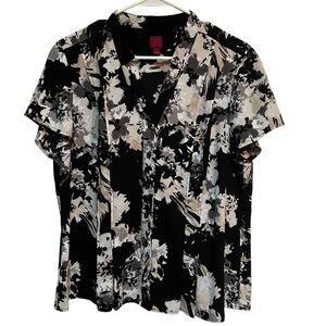 212 Collection Button Down Blouse Short Sleeve Black White Floral L